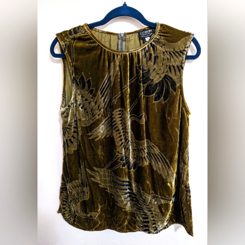 Citron Santa Monica Green Velvet Sleeveless Top Japanese Crane Print Art to Wear